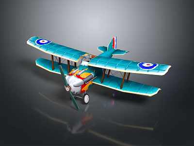 Blue Biplane Model With White Circular Markings Orange Cockpit Green Propeller For Space Themed 3d model