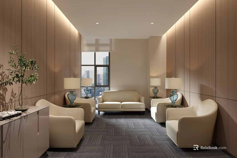 Modern Conference Room With Beige Sofas Wooden Walls Large Windows Gray Carpet And Table Lamps 3d model 