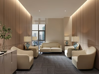 Modern Conference Room With Beige Sofas Wooden Walls Large Windows Gray Carpet And Table Lamps 3d model