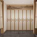 SPA Sauna Locker Room Interior With Wooden Lockers Bench And Dark Tiled Floor