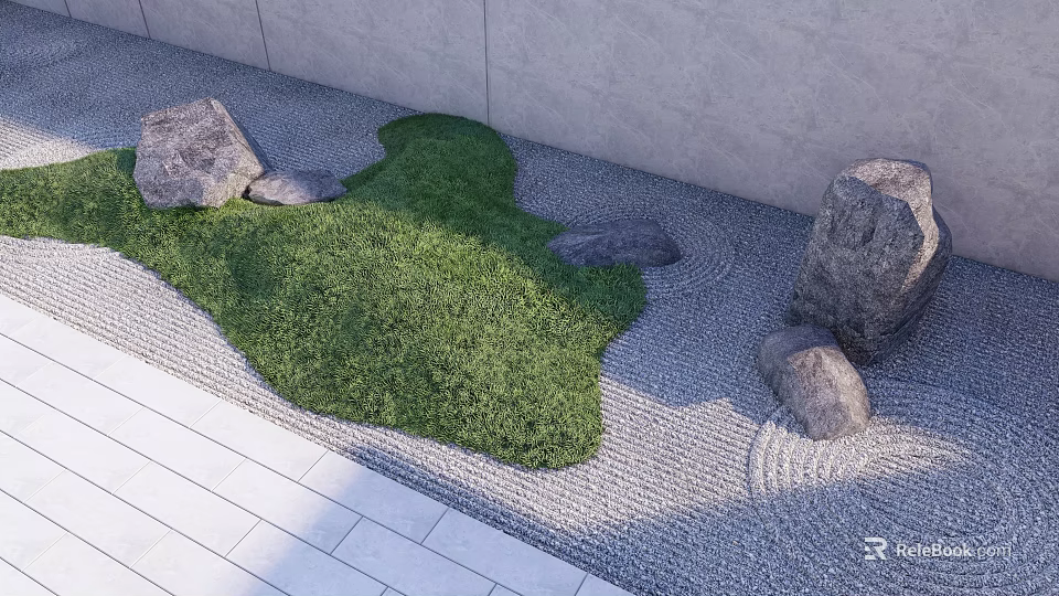 Minimalist Japanese Garden Ornament Design With Green Grass Stones Raked Gravel And Gray Wall 3d model 