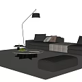Modern Black Leather Sofa and Round Coffee Table Set With Floor Lamp Ottoman and Rug