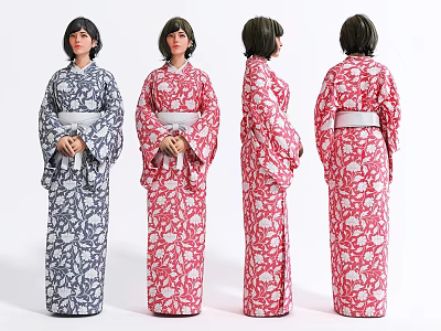 Traditional Kimono Wearing Women in Different Standing Angles With Colorful Patterns 3d model