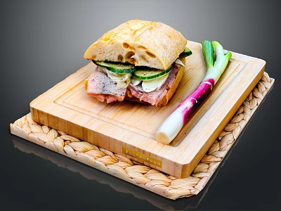 Delicious Fresh Sandwich on Wooden Cutting Board with Green Onions 3d model