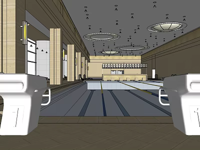 Spacious Indoor Swimming Pool With Lane Markers Handrails Columns And Ceiling Lights 3d model