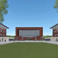 Red Brick School Building With Central Glass Facade Flanked By Wings And Green Lawn Area
