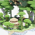 Building Blocks Constructed Lush Tree Forest Scene with Small Cabin Floating Island and Hanging Lanterns