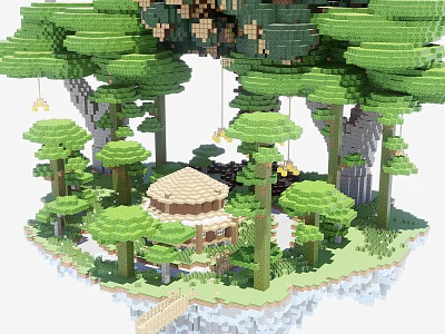 Building Blocks Constructed Lush Tree Forest Scene with Small Cabin Floating Island and Hanging Lanterns 3d model