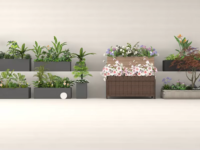 Various Green And Flowering Plants In Different Planters And Flower Boxes Against Light Colored Wall 3d model