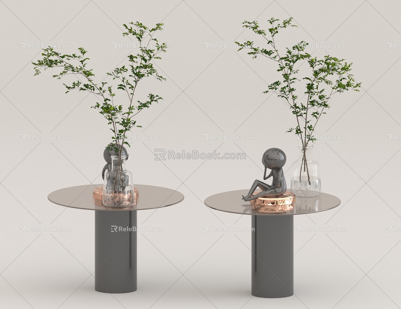 Small table board side a few potted plant ornaments 3d model