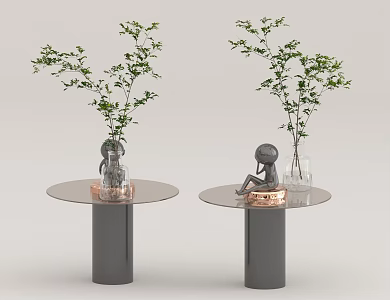 Small table board side a few potted plant ornaments 3d model