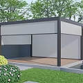 Modern Outdoor Water Fountain Design With Wooden Deck Green Plants And Shade Structure