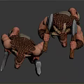 Two Red Horned Fantasy Creatures Holding Weapons With Furry Skins And Muscular Build