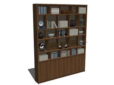 Wooden Bookshelf With Multiple Compartments Books Decorative Vases Bowls And Clock 3d model