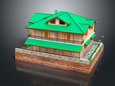Cartoon Style Two Story House Scene With Green Roof Balconies Yellow Walls And Stone Base 3d model