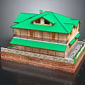 Cartoon Style Two Story House Scene With Green Roof Balconies Yellow Walls And Stone Base