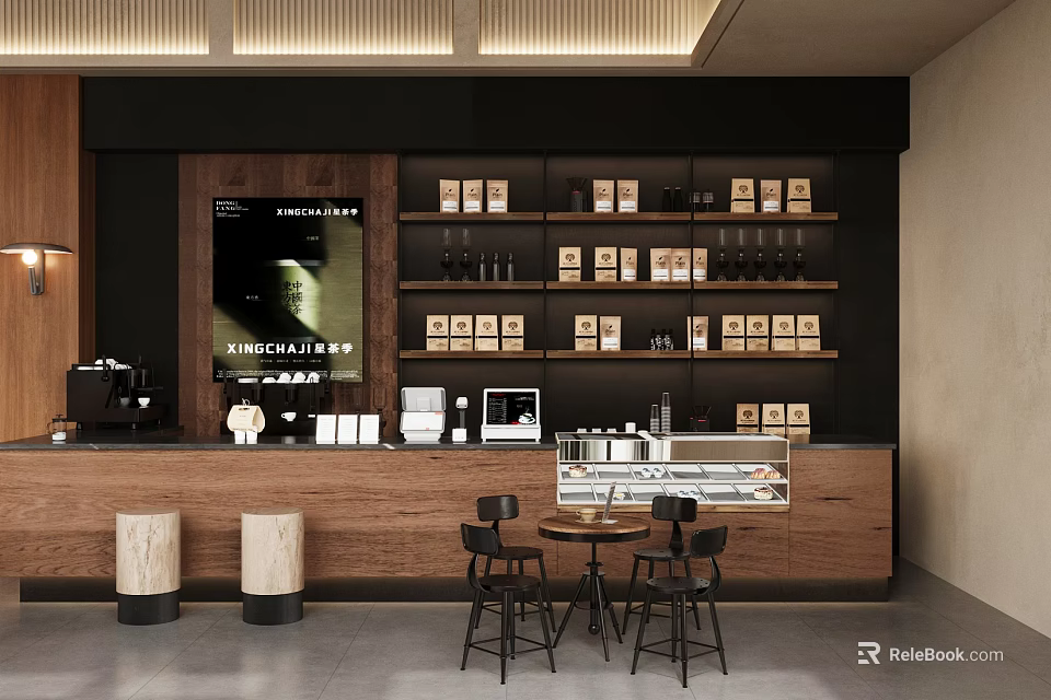 Modern Cafe Interior Design With Wooden Counter Coffee Product Shelves And Tables 3d model 