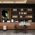 Modern Cafe Interior Design With Wooden Counter Coffee Product Shelves And Tables