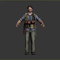 Man In Blue Shirt With Brown Backpack Utility Belt Khaki Pants And Dark Shoes