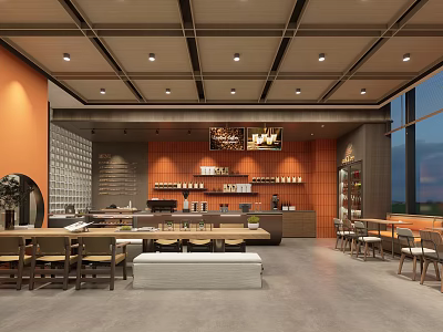 Modern Café Interior Design With Orange Walls Wooden Ceiling Coffee Bar And Cozy Seating 3d model