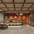 Modern Café Interior Design With Orange Walls Wooden Ceiling Coffee Bar And Cozy Seating
