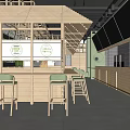 Modern Restaurant Interior With Wooden Bar Counter Green High Stools And Open Layout