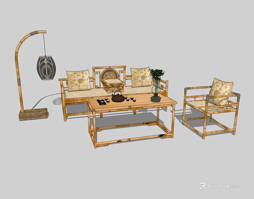 Bamboo Sofa and Coffee Table Set with Cushions Floor Lamp and Decorative Elements 3d model