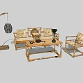 Bamboo Sofa and Coffee Table Set with Cushions Floor Lamp and Decorative Elements 3d model