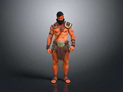 3D Model Of Bearded Shirtless Muscular Man With Shoulder Armor Arm Bands And Leather Loincloth 3d model