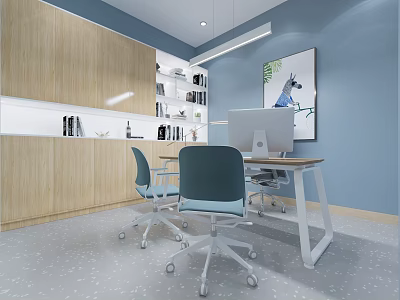 Modern Office Workspace With Wooden Desk Laptop Chairs Bookshelf And Blue Wall Artwork 3d model