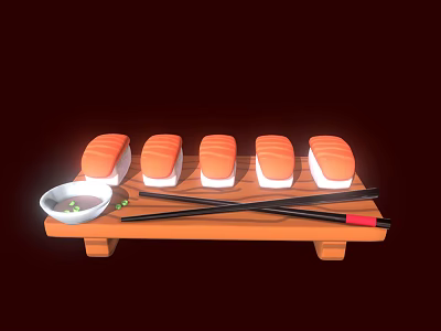 Fresh Salmon Sushi Served on Wooden Tray with Soy Sauce and Chopsticks 3d model