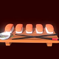 Fresh Salmon Sushi Served on Wooden Tray with Soy Sauce and Chopsticks