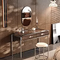 Elegant Dressing Table With Round Mirror Decorative Items On Wooden Wall And Metal Legs Stool