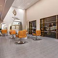 Modern Hair Salon Interior With Orange Chairs Round Mirrors And Display Shelves