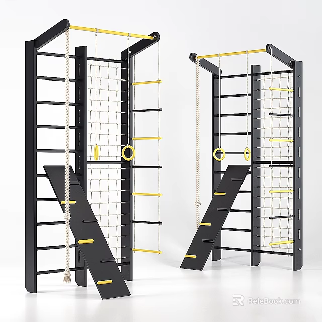 Kids Bed With Climbing Frame Ladder Rope Net And Hanging Rings For Children 3d model 