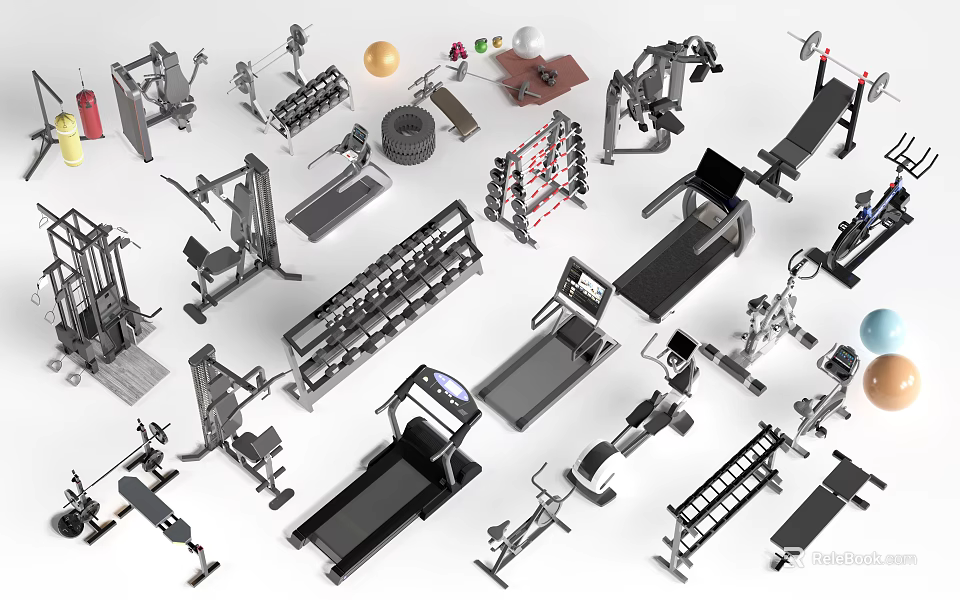 Fitness Equipment Collection With Treadmills Dumbbells Weight Machines And Exercise Balls For Home Gym 3d model 