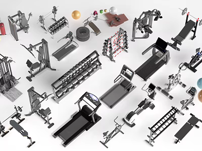 Fitness Equipment Collection With Treadmills Dumbbells Weight Machines And Exercise Balls For Home Gym 3d model