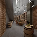 Modern Wine Cellar Interior With Wooden Racks Barrels Gray Floor And Ceiling Lights