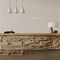 Elegant Reception Desk Interior With Textured Wooden Surface Pendant Lights And Stools 3d model