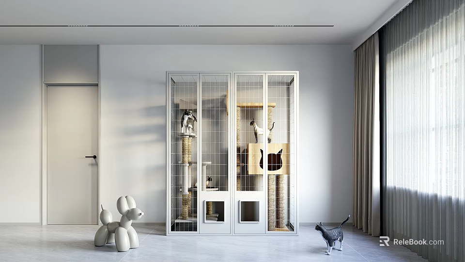 Decorative Ornament Combination With Cat Tree And Dog Figurines In White Room Glass Cabinet 3d model 