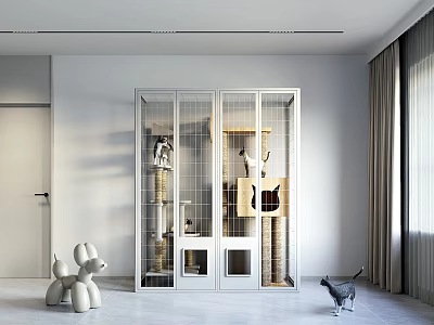 Decorative Ornament Combination With Cat Tree And Dog Figurines In White Room Glass Cabinet 3d model