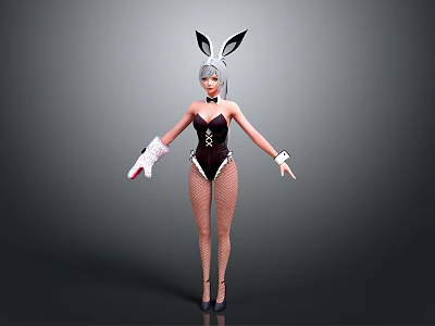 Bunny Ears Character In Black Bodysuit With Fishnet Stockings White Gloves And High Heels 3d model