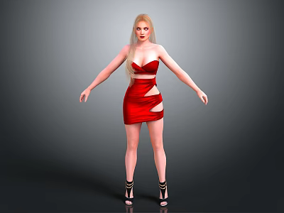 Blonde Female Character in Red Strapless Short Dress with Black High Heels on Gray Background 3d model