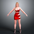 Blonde Female Character in Red Strapless Short Dress with Black High Heels on Gray Background