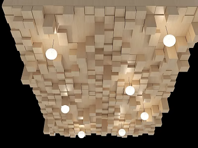 Modern Decorative Ceiling Design With Wooden Block Pattern And Embedded Round Lights 3d model