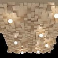 Modern Decorative Ceiling Design With Wooden Block Pattern And Embedded Round Lights