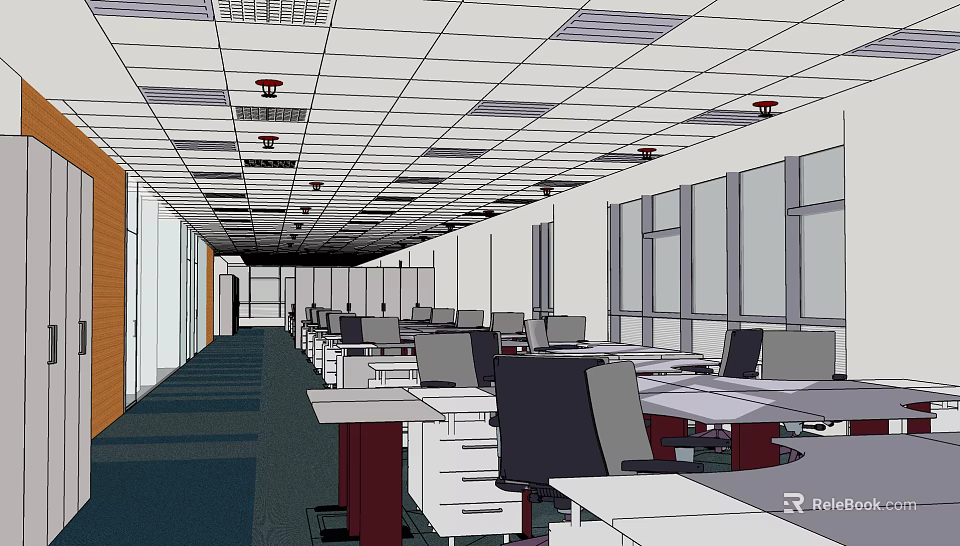 Public Office Area With Desks Computers Chairs And Large Windows For Collaboration 3d model