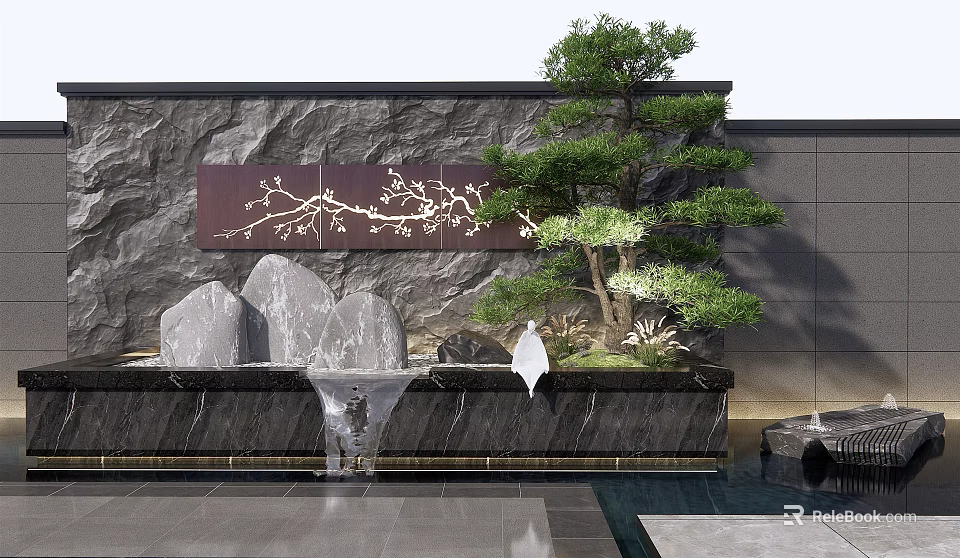 Modern Stone Feature Wall With Decorative Branch Panel Bonsai Pine Tree Water Fountain And Stones 3d model 