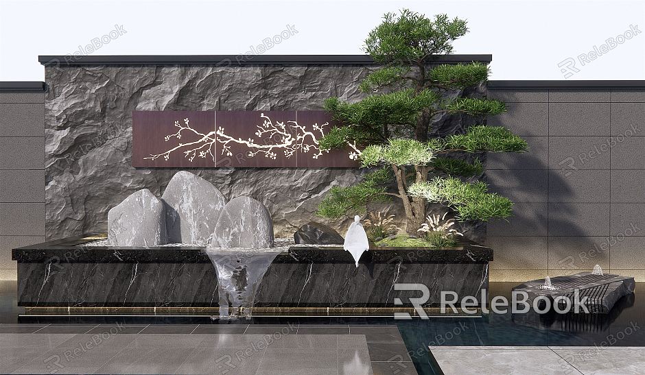 New Chinese style landscape sketch falling water landscape wall rockery waterscape landscape tree courtyard sketch stone landscape stone model