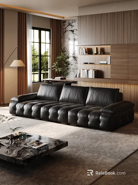 Italian Style Black Leather Sofa And Marble Coffee Table Set For Modern Elegant Living Room 3d model 